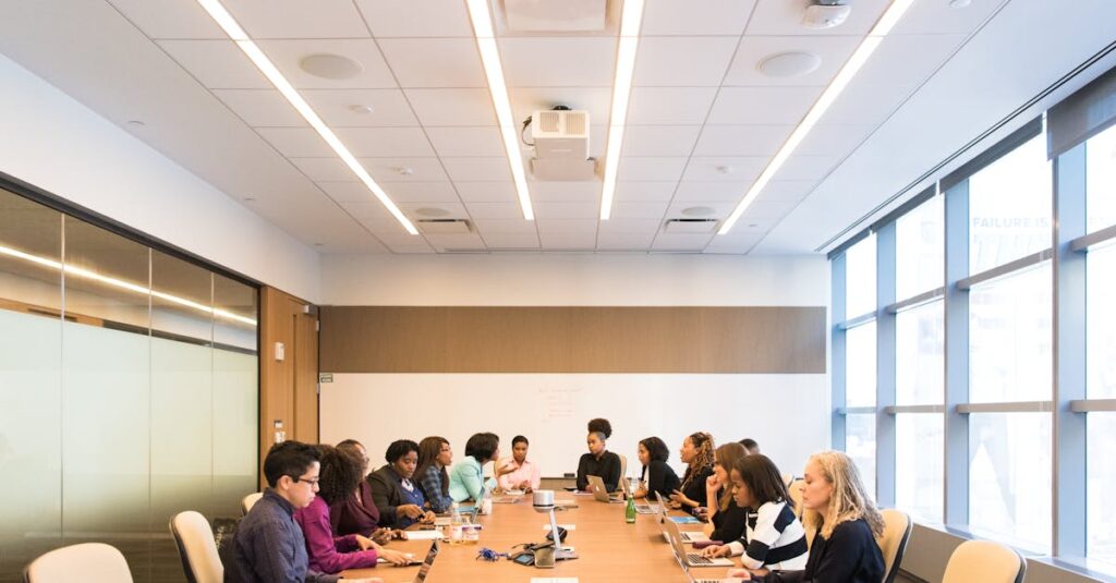 A multicultural team brainstorming and collaborating during a business meeting.